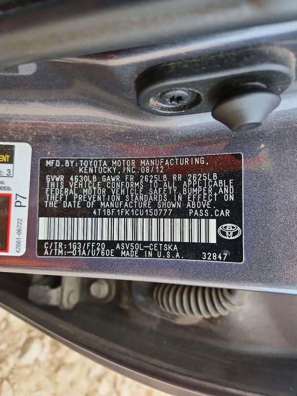 2012 Toyota Camry მანქანა იყიდება აუქციონზე, vin: 4T1BF1FK1CU150777, აუქციონის ნომერი: 70686846