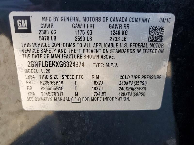 71594216 :رقم المزاد ، 2GNFLGEKXG6324974 vin ، 2016 Chevrolet Equinox مزاد بيع