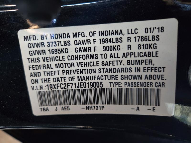 Продаж на аукціоні авто 2018 Honda Civic, vin: 19XFC2F71JE019005, номер лоту: 72364596