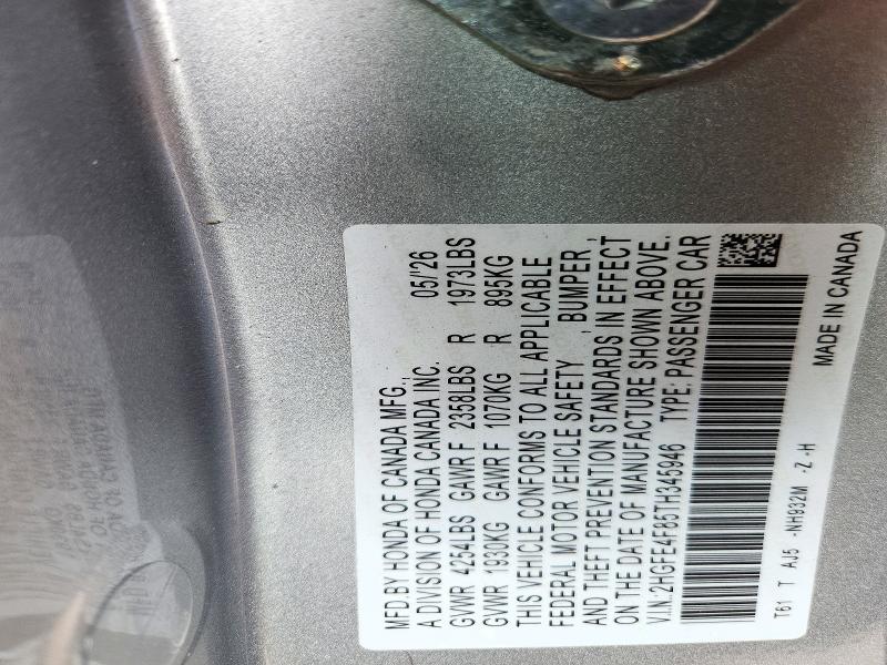Продаж на аукціоні авто 2026 Honda Civic, vin: 2HGFE4F85TH345946, номер лоту: 72552526