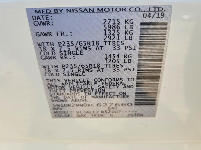 Aukcja sprzedaży 2019 Nissan Pathfinder, vin: 5N1DR2MN0KC627660, numer aukcji: 71951076