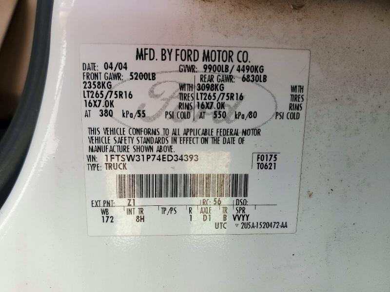 72525086 :رقم المزاد ، 1FTSW31P74ED34393 vin ، 2004 Ford F350 مزاد بيع