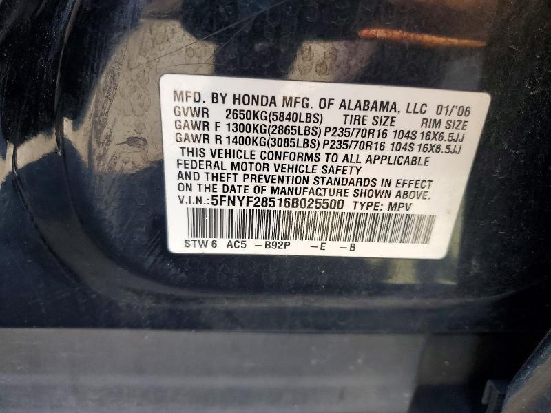 Продажа на аукционе авто 2006 Honda Pilot, vin: 5FNYF28516B025500, номер лота: 72397826