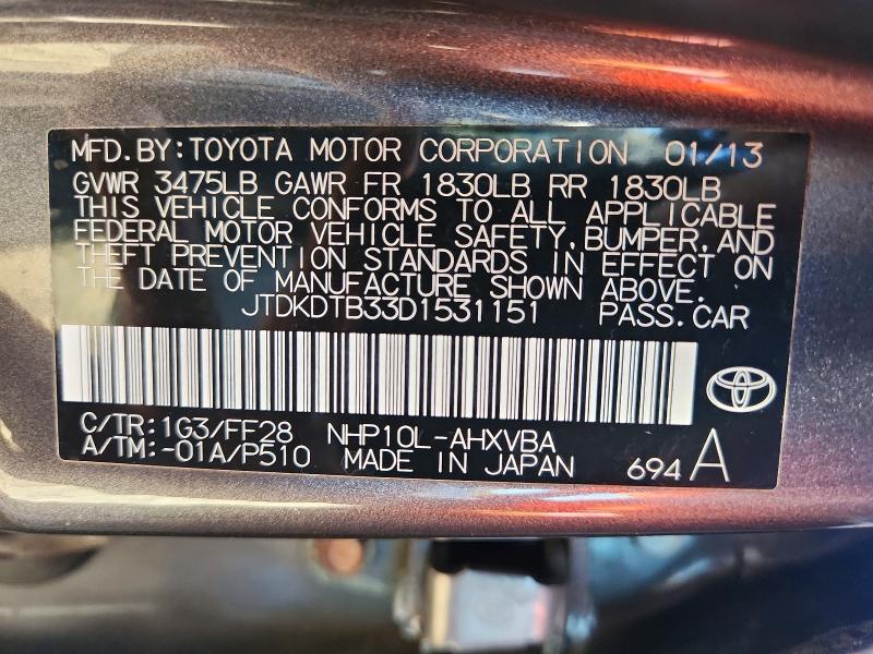 Aukcja sprzedaży 2013 Toyota Prius C, vin: JTDKDTB33D1531151, numer aukcji: 72742836
