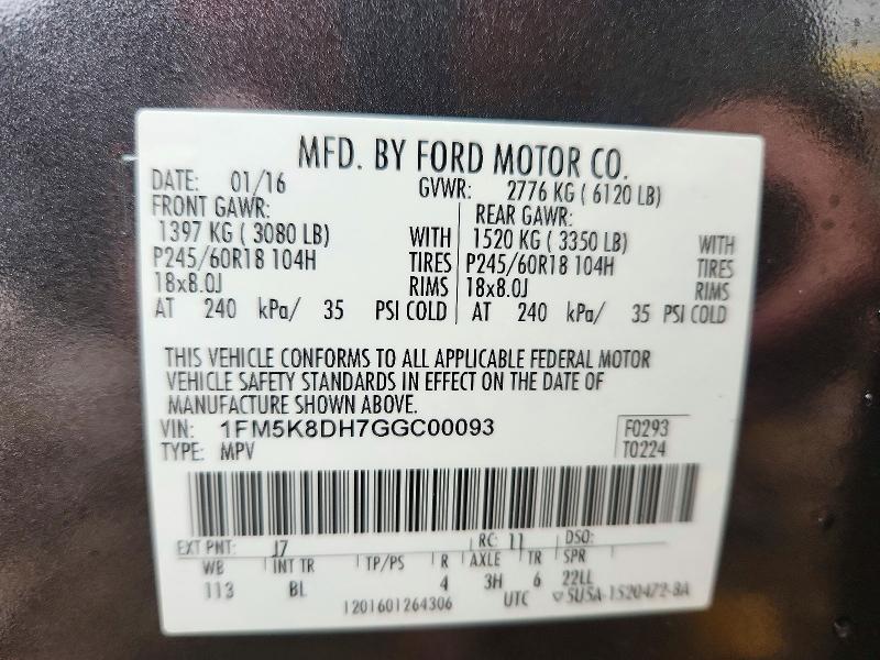 2016 Ford Explorer მანქანა იყიდება აუქციონზე, vin: 1FM5K8DH7GGC00093, აუქციონის ნომერი: 70789876