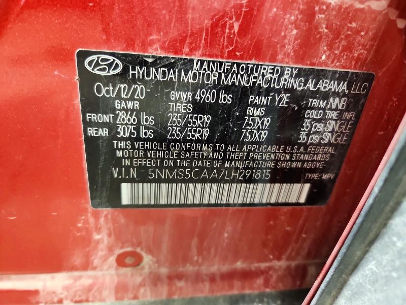 2020 Hyundai Santa Fe მანქანა იყიდება აუქციონზე, vin: 5NMS5CAA7LH291815, აუქციონის ნომერი: 71975826