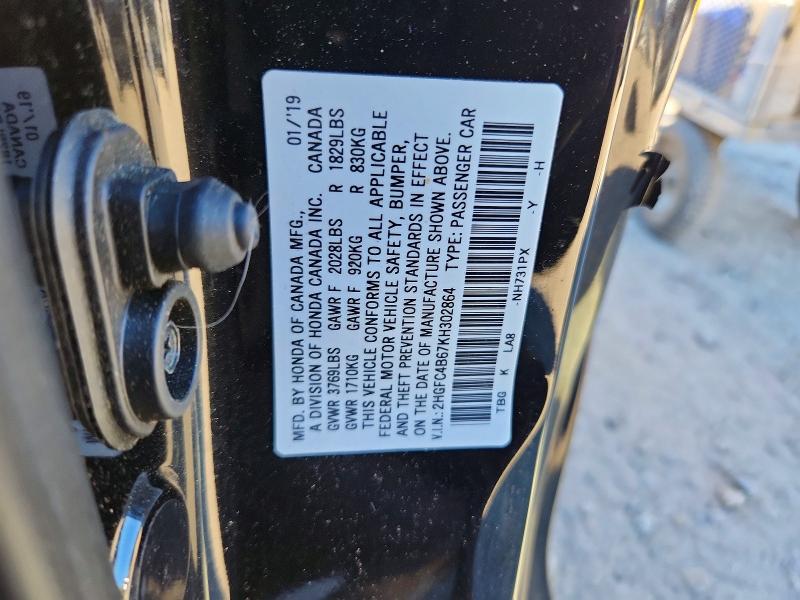 72040326 :رقم المزاد ، 2HGFC4B67KH302864 vin ، 2019 Honda Civic مزاد بيع