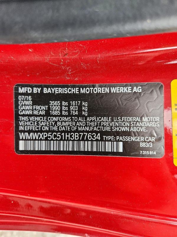 72153926 :رقم المزاد ، WMWXP5C51H3B77634 vin ، 2017 Mini Cooper مزاد بيع
