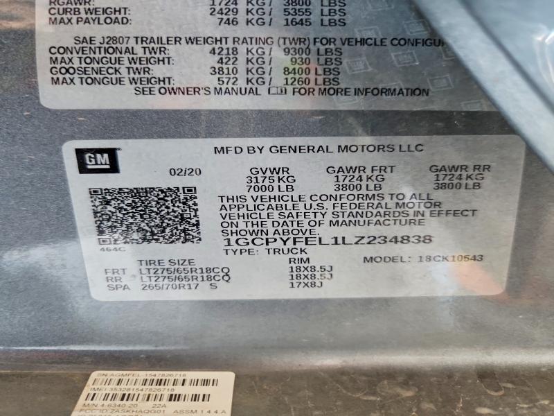 71982376 :رقم المزاد ، 1GCPYFEL1LZ234838 vin ، 2020 Chevrolet Silverado مزاد بيع
