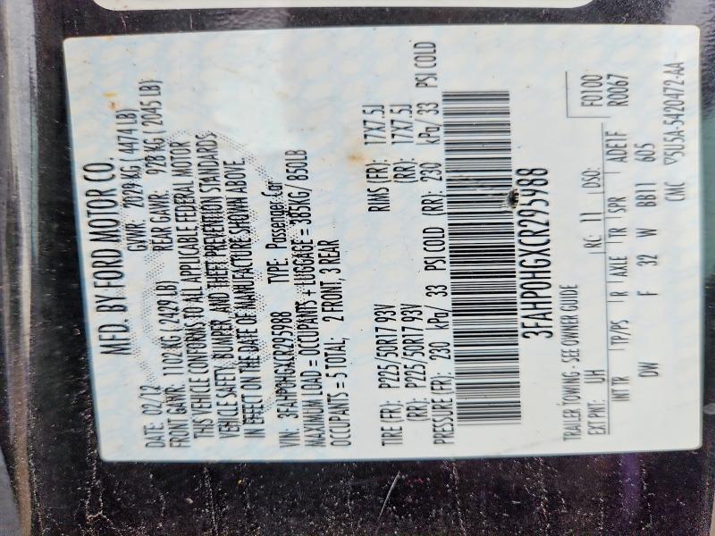 Auction sale of the 2012 Ford Fusion, vin: 3FAHP0HGXCR295988, lot number: 70995356