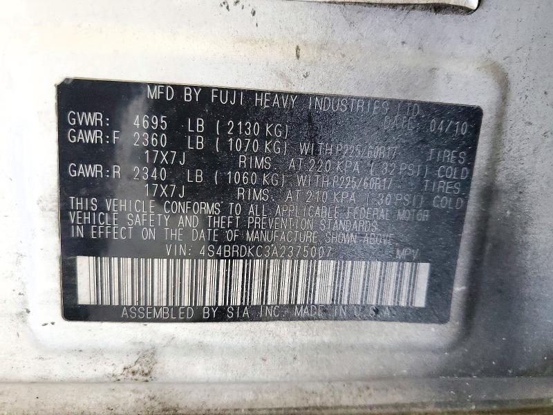 Продажа на аукционе авто 2010 Subaru Outback, vin: 4S4BRDKC3A2375007, номер лота: 72939566