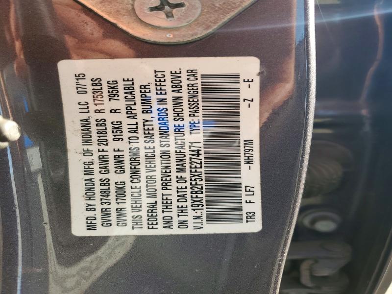 Продаж на аукціоні авто 2015 Honda Civic, vin: 19XFB2F5XFE274471, номер лоту: 72242706