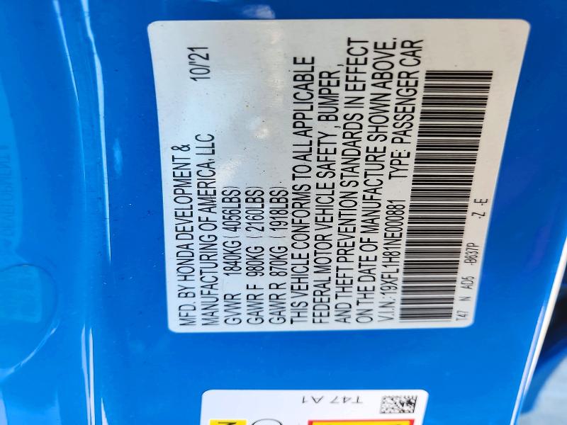 72159636 :رقم المزاد ، 19XFL1H81NE000881 vin ، 2022 Honda Civic مزاد بيع