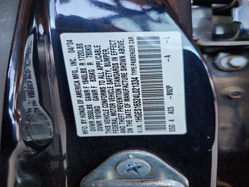 2004 Honda Civic მანქანა იყიდება აუქციონზე, vin: 1HGES16524L021334, აუქციონის ნომერი: 73139426