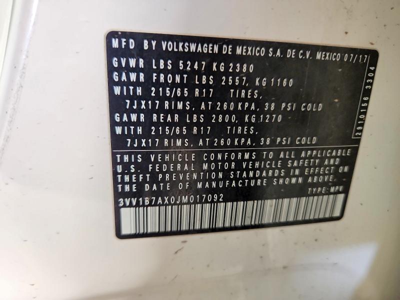Aukcja sprzedaży 2018 Volkswagen Tiguan, vin: 3VV1B7AX0JM017092, numer aukcji: 71734106