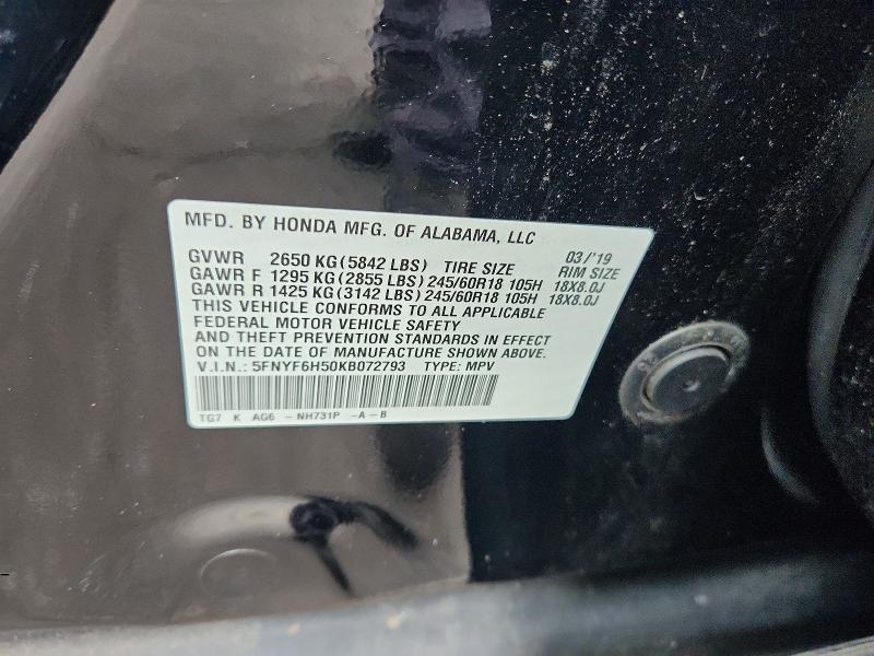 Продажа на аукционе авто 2019 Honda Pilot, vin: 5FNYF6H50KB072793, номер лота: 72956526