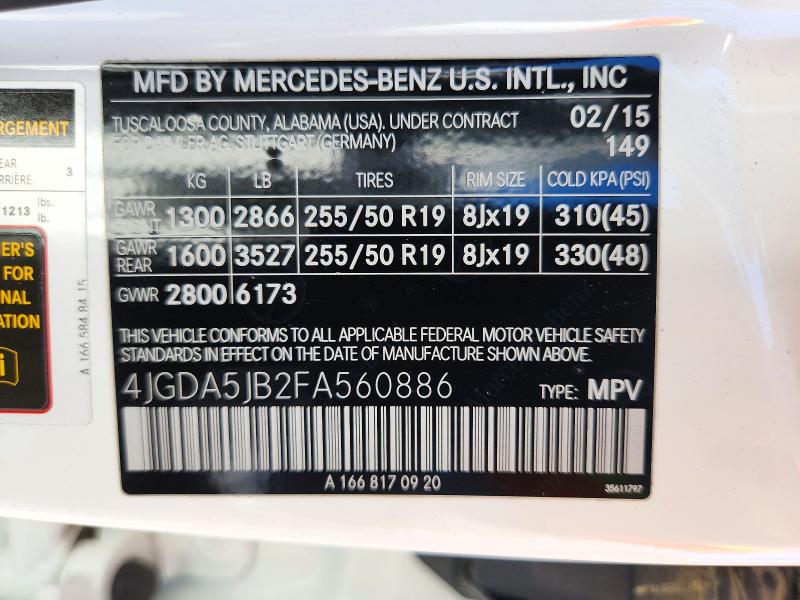 2015 Mercedes-benz Ml მანქანა იყიდება აუქციონზე, vin: 4JGDA5JB2FA560886, აუქციონის ნომერი: 71864566