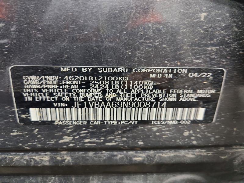 2022 Subaru Wrx მანქანა იყიდება აუქციონზე, vin: JF1VBAA69N9008714, აუქციონის ნომერი: 70376976
