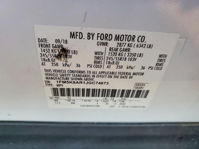 71596826 :رقم المزاد ، 1FM5K8AR1JGC74873 vin ، 2018 Ford Explorer مزاد بيع