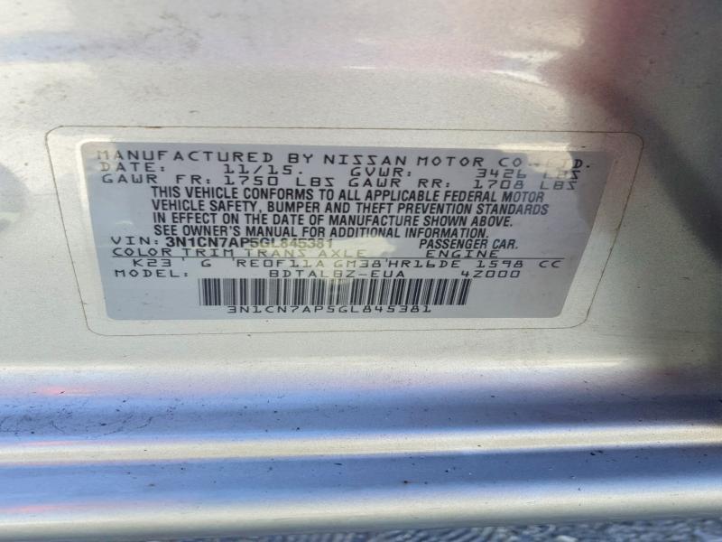 Продажа на аукционе авто 2016 Nissan Versa, vin: 3N1CN7AP5GL845381, номер лота: 71855436
