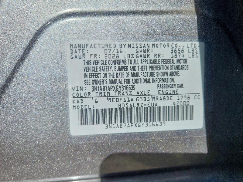 71672616 :رقم المزاد ، 3N1AB7APXGY316639 vin ، 2016 Nissan Sentra مزاد بيع