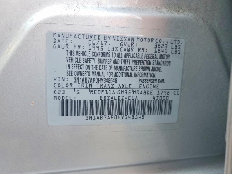 2017 Nissan Sentra მანქანა იყიდება აუქციონზე, vin: 3N1AB7AP0HY348548, აუქციონის ნომერი: 71470486