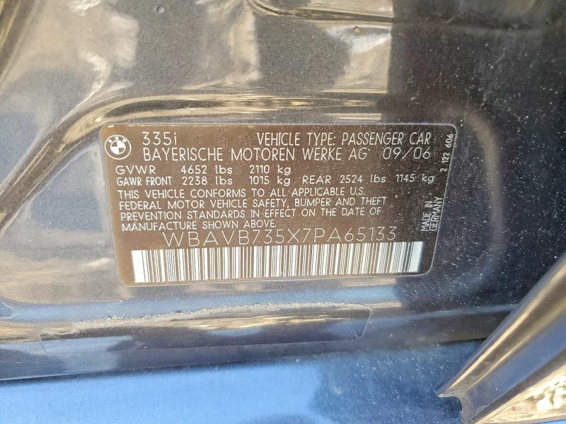 2007 Bmw 335 მანქანა იყიდება აუქციონზე, vin: WBAVB735X7PA65133, აუქციონის ნომერი: 71176646