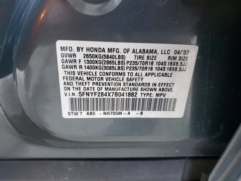 Продажа на аукционе авто 2007 Honda Pilot, vin: 5FNYF284X7B041882, номер лота: 71377666
