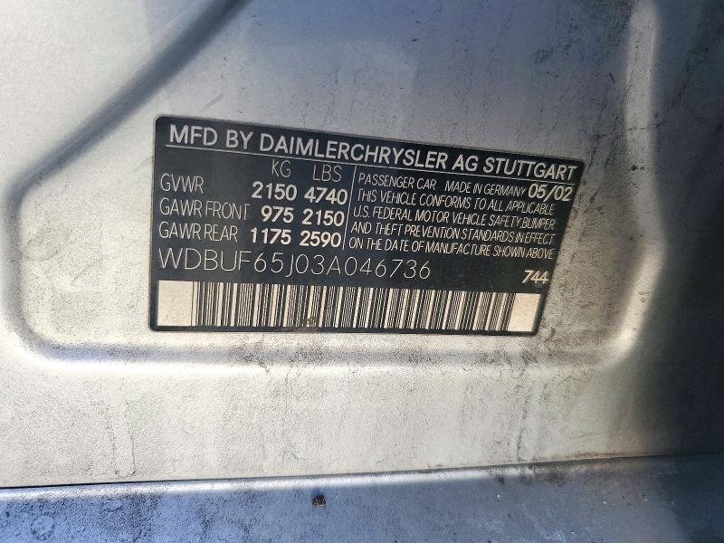 2003 Mercedes-benz E მანქანა იყიდება აუქციონზე, vin: WDBUF65J03A046736, აუქციონის ნომერი: 71748276