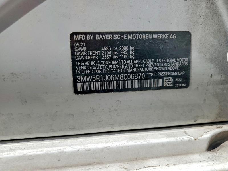 70377516 :رقم المزاد ، 3MW5R1J06M8C06870 vin ، 2021 Bmw 330i مزاد بيع