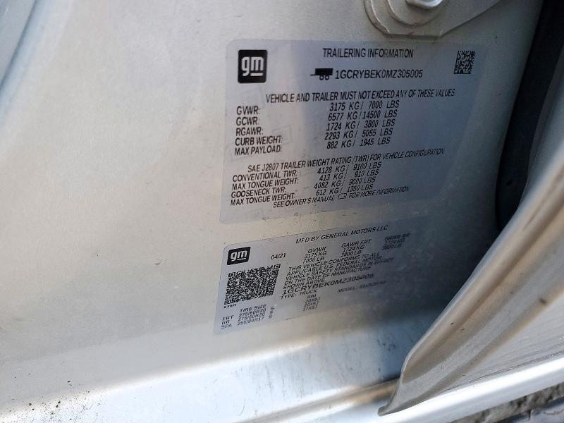 72240296 :رقم المزاد ، 1GCRYBEK0MZ305005 vin ، 2021 Chevrolet Silverado مزاد بيع