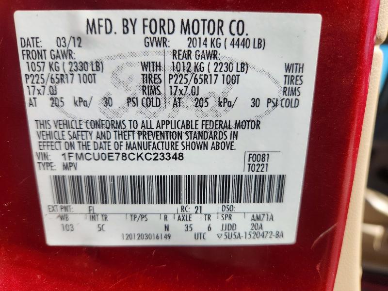 Продажа на аукционе авто 2012 Ford Escape, vin: 1FMCU0E78CKC23348, номер лота: 71936046