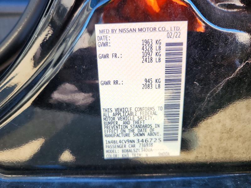 71898996 :رقم المزاد ، 1N4BL4CV9NN346725 vin ، 2022 Nissan Altima مزاد بيع