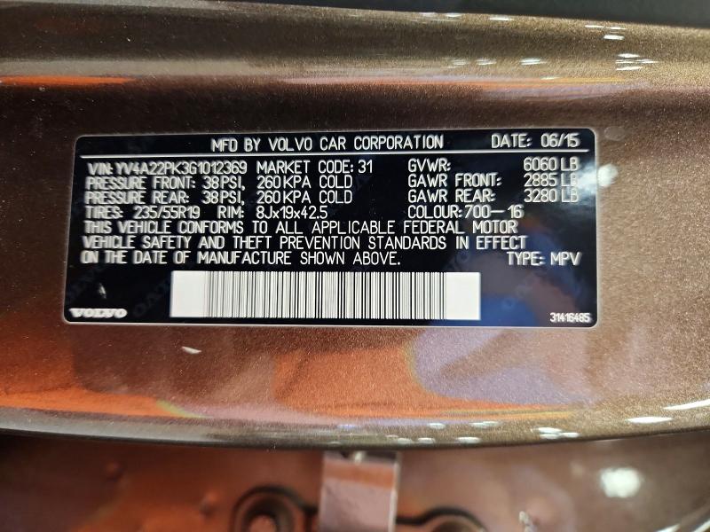72974276 :رقم المزاد ، YV4A22PK3G1012369 vin ، 2016 Volvo Xc90 مزاد بيع