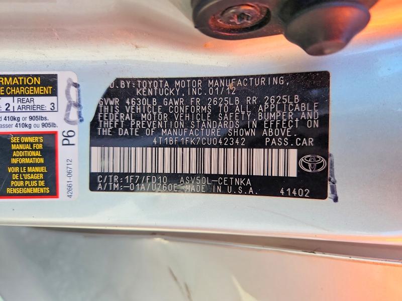 Aukcja sprzedaży 2012 Toyota Camry, vin: 4T1BF1FK7CU042342, numer aukcji: 70908196