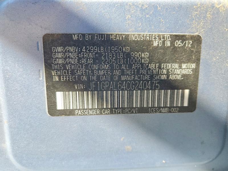 Aukcja sprzedaży 2012 Subaru Impreza, vin: JF1GPAL64CG240475, numer aukcji: 70081586