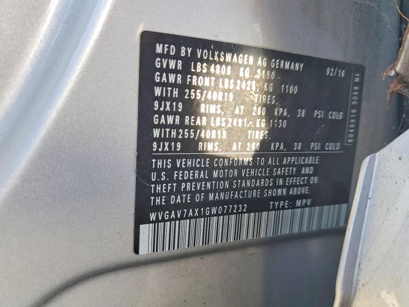 2016 Volkswagen Tiguan მანქანა იყიდება აუქციონზე, vin: WVGAV7AX1GW077232, აუქციონის ნომერი: 71623666