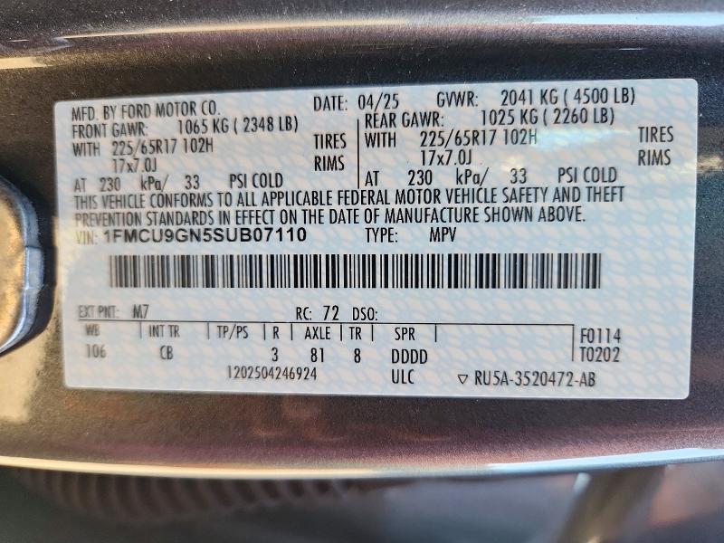 2025 Ford Escape მანქანა იყიდება აუქციონზე, vin: 1FMCU9GN5SUB07110, აუქციონის ნომერი: 72732726