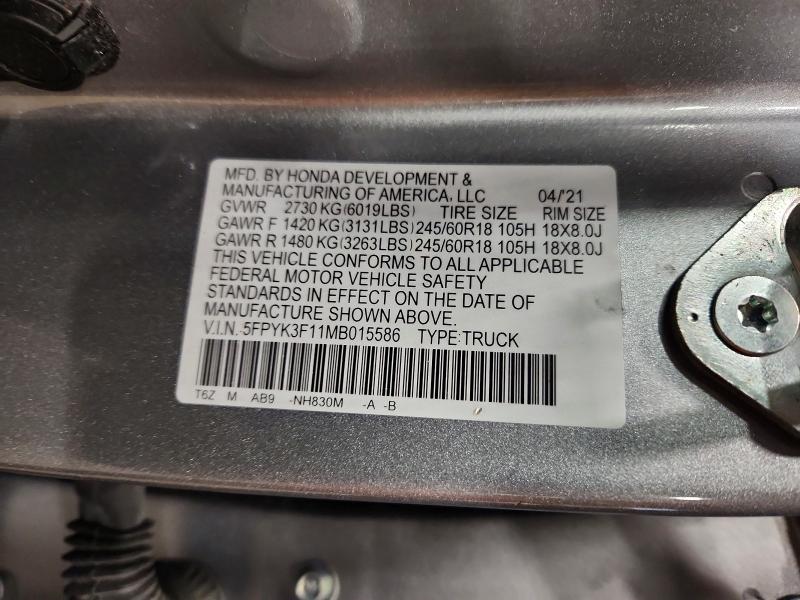2021 Honda Ridgeline მანქანა იყიდება აუქციონზე, vin: 5FPYK3F11MB015586, აუქციონის ნომერი: 71613826
