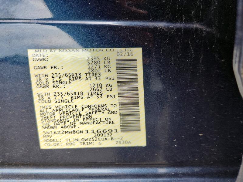 Auction sale of the 2016 Nissan Murano, vin: 5N1AZ2MH8GN116691, lot number: 70922666
