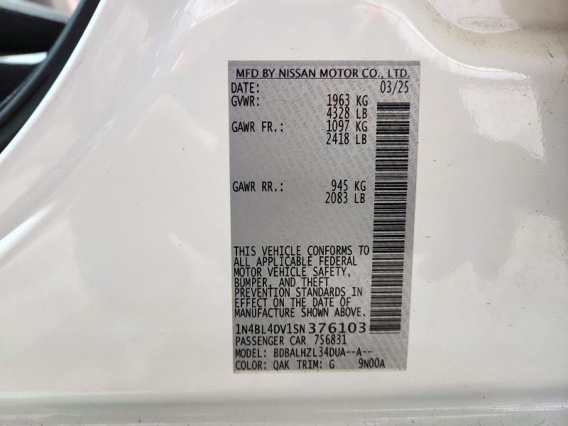 2025 Nissan Altima მანქანა იყიდება აუქციონზე, vin: 1N4BL4DV1SN376103, აუქციონის ნომერი: 72772346