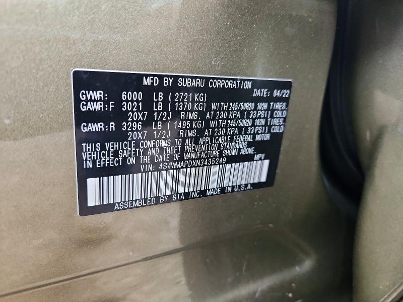 71065696 :رقم المزاد ، 4S4WMAPDXN3435249 vin ، 2022 Subaru Ascent مزاد بيع