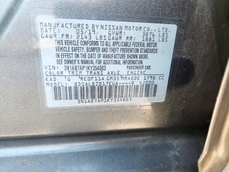 Auction sale of the 2019 Nissan Sentra, vin: 3N1AB7AP1KY354883, lot number: 73474026