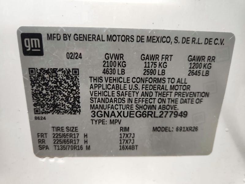 2024 Chevrolet Equinox მანქანა იყიდება აუქციონზე, vin: 3GNAXUEG6RL277949, აუქციონის ნომერი: 72299966