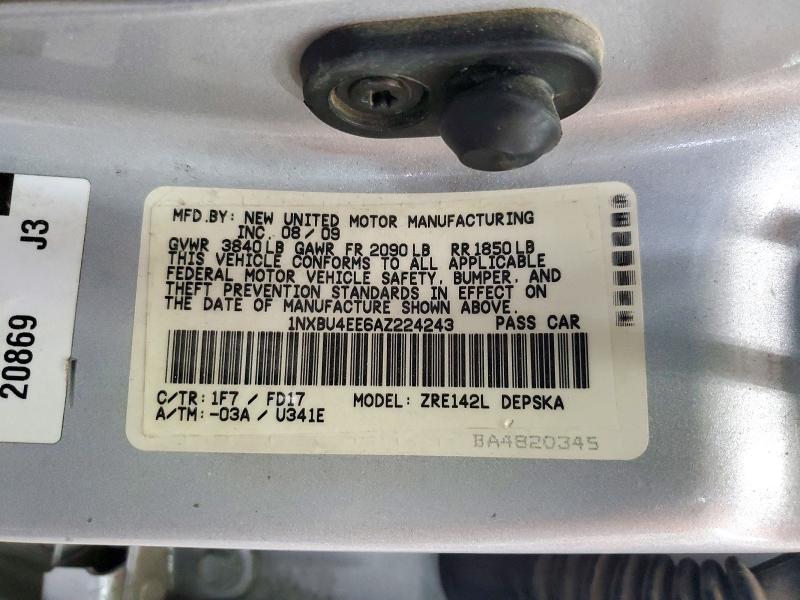 2010 Toyota Corolla მანქანა იყიდება აუქციონზე, vin: 1NXBU4EE6AZ224243, აუქციონის ნომერი: 72532456