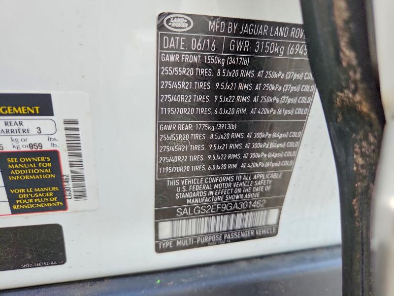 2016 Land Rover Range Rover მანქანა იყიდება აუქციონზე, vin: SALGS2EF9GA301462, აუქციონის ნომერი: 71820736