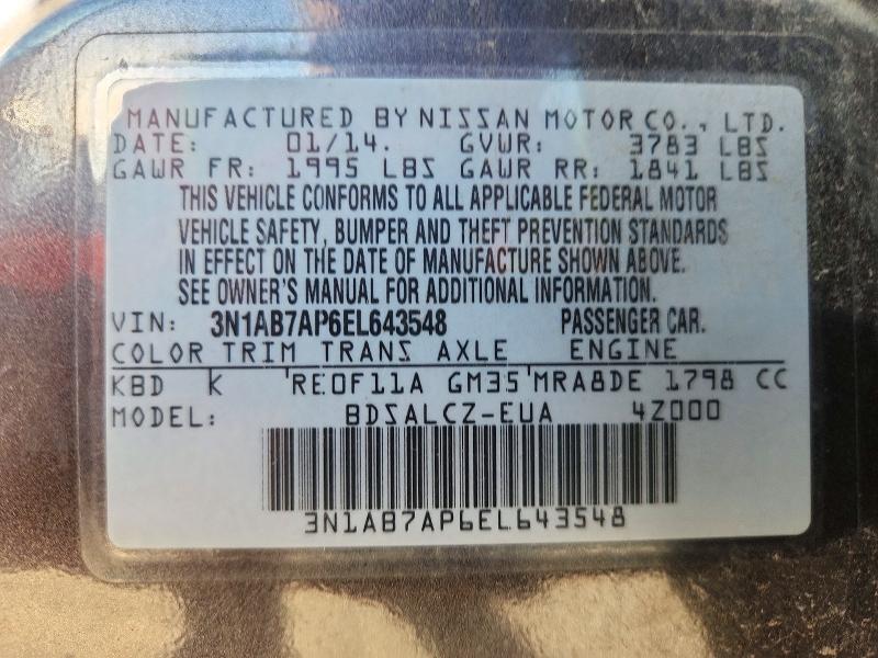 2014 Nissan Sentra მანქანა იყიდება აუქციონზე, vin: 3N1AB7AP6EL643548, აუქციონის ნომერი: 72117426