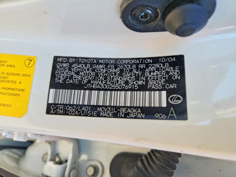 2005 Lexus Es მანქანა იყიდება აუქციონზე, vin: JTHBA30G255076915, აუქციონის ნომერი: 71211666