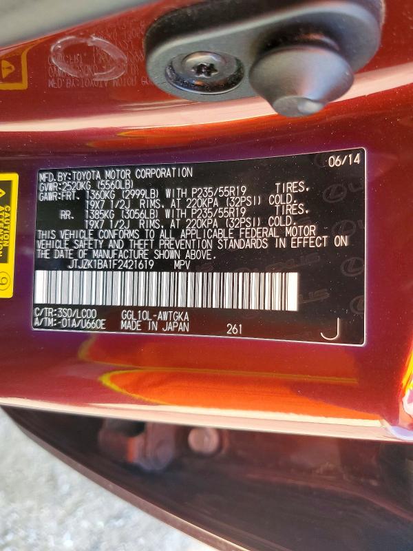 71734936 :رقم المزاد ، JTJZK1BA1F2421619 vin ، 2015 Lexus Rx 350 مزاد بيع