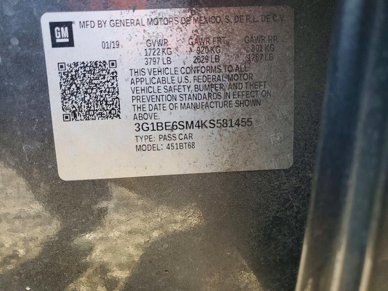71565016 :رقم المزاد ، 3G1BE6SM4KS581455 vin ، 2019 Chevrolet Cruze مزاد بيع